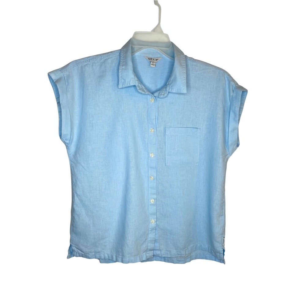 Orvis Womens Light Blue Linen Blend Cap Sleeve Button Down Shirt M